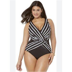 New! Swimsuits for All Black White Striped Surplice One Piece Swimsuit Size 22